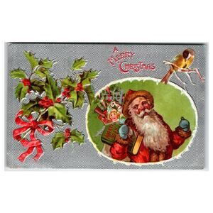 Vintage Embossed Santa Claus Christmas Postcard with Holly & Bird